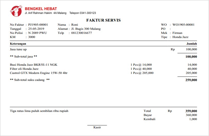Penjualan bengkel - faktur
